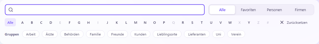Suchfeld, Filter und Gruppen